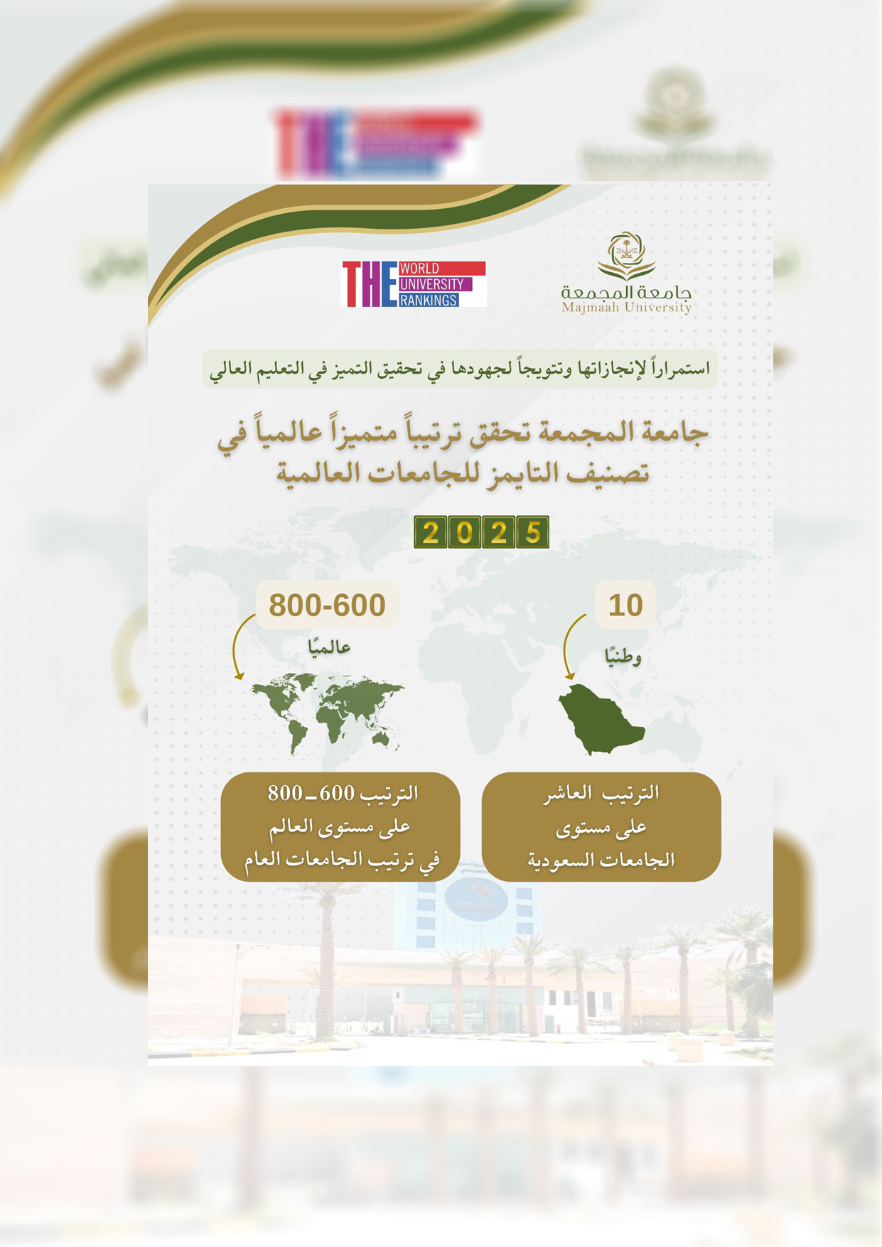 الجامعة تحقق ترتيباً متميزاً عالمياً في تصنيف التايمز للجامعات العالمية .