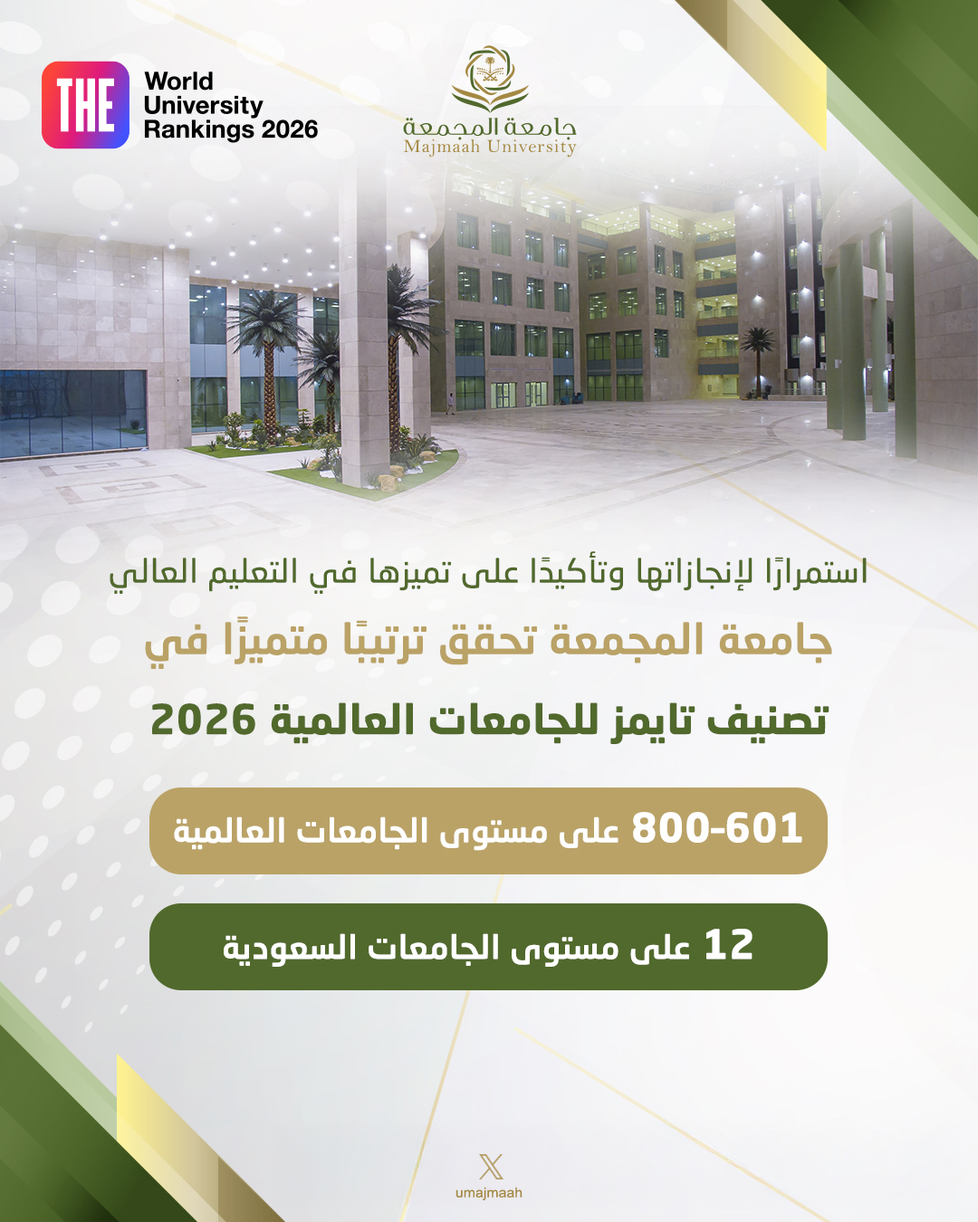 جامعة المجمعة ضمن أفضل 800 جامعة على مستوى العالم