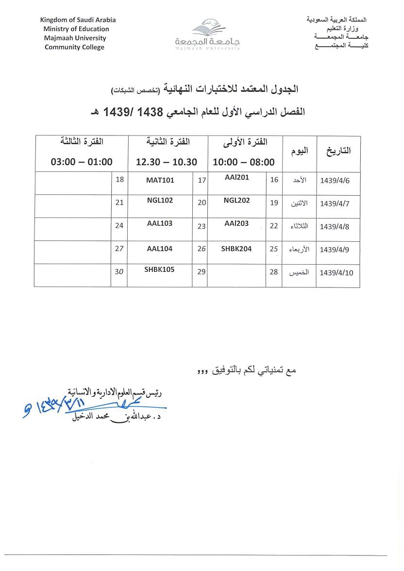 جدول الاختبارات النهائية لمقررات تخصص شبكات الحاسب الآلي الفصل الدراسي الأول 1438 1439هـ Majmaah University