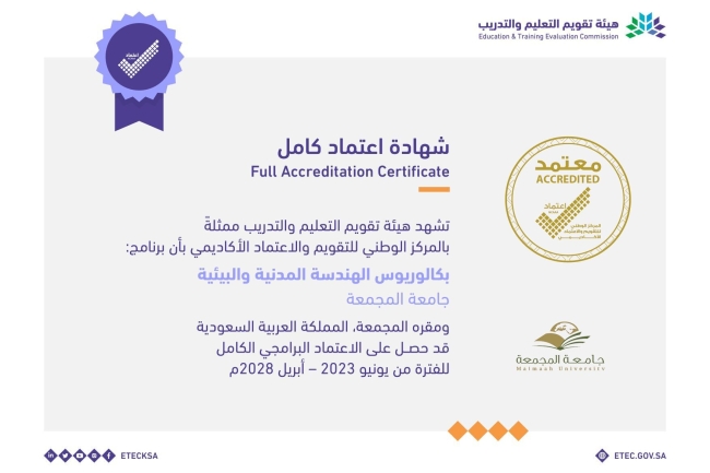 الجامعة تحصل على الاعتماد البرامجي في بكالوريوس الهندسة الكهربائية وبكالوريوس الهندسة المدنية والبيئة .