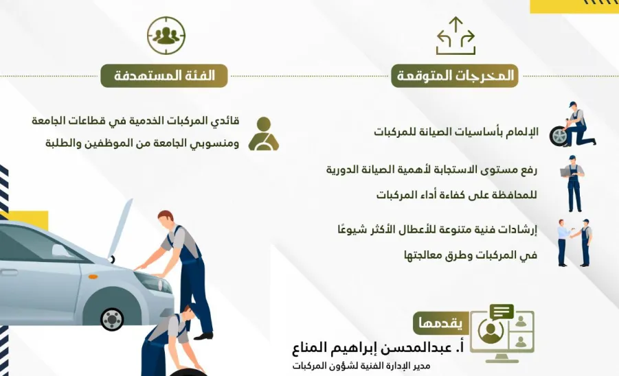 الإدارة العامة للخدمات تقيم دورة تخصصية عن أساسيات صيانة المركبات لمنسوبي الجامعة وطلابها - الجامعة