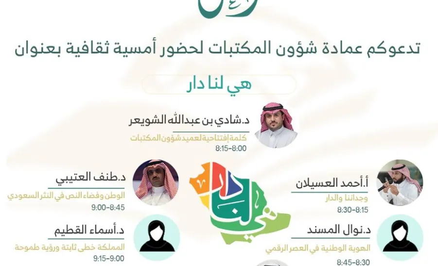 عمادة شؤون المكتبات تقيم أمسية ثقافية بعنوان " هي لنا دار " - عمادة شؤون المكتبات تقيم أمسية ثقافية بعنوان " هي لنا دار "