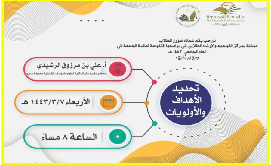 عمادة شؤون الطلاب تختتم برامج وأنشطة مركز التوجيه والإرشاد الطلابي للفصل الدراسي الأول لعام 1443هـ - جامعة المجمعة