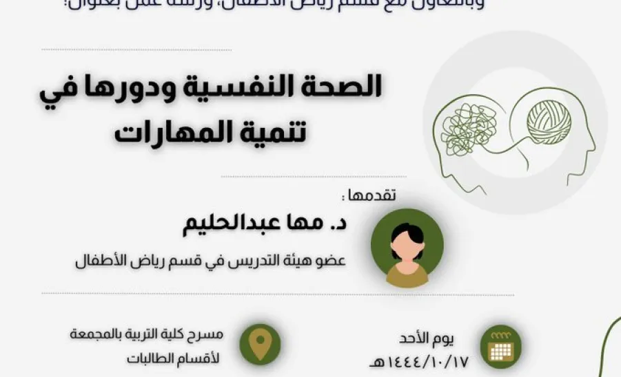 الكلية تقيم ورشة عمل بعنوان ( الصحة النفسية ودورها في تنمية المهارات ) -  الصحة النفسية ودورها في تنمية المهارات.