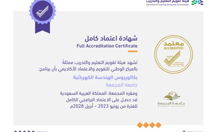ELECTRICAL AND CIVIL & ENVIRONMENTAL ENGINEERING DEPARTMENTS OBTAINS THE FULL ACCREDITATION CERTIFICATE -  جامعة المجمعة 