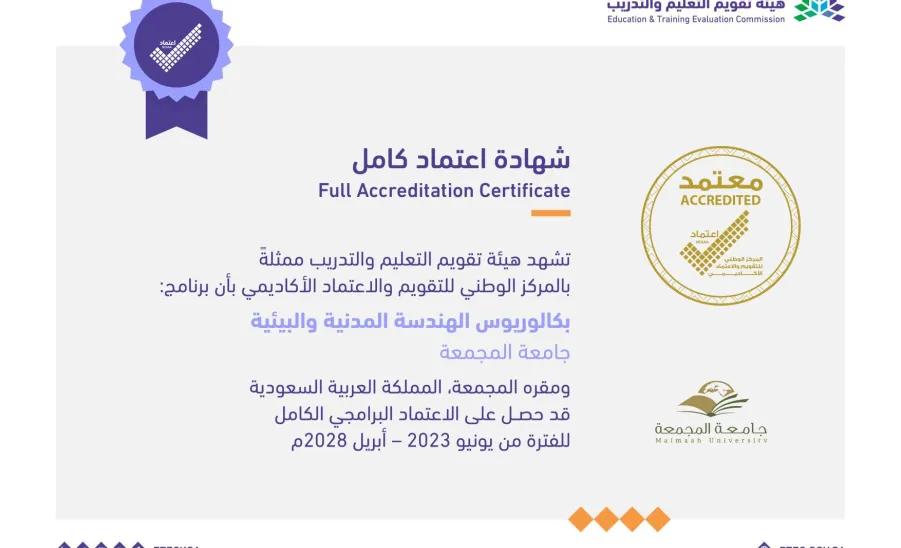 ELECTRICAL AND CIVIL & ENVIRONMENTAL ENGINEERING DEPARTMENTS OBTAINS THE FULL ACCREDITATION CERTIFICATE -  جامعة المجمعة 