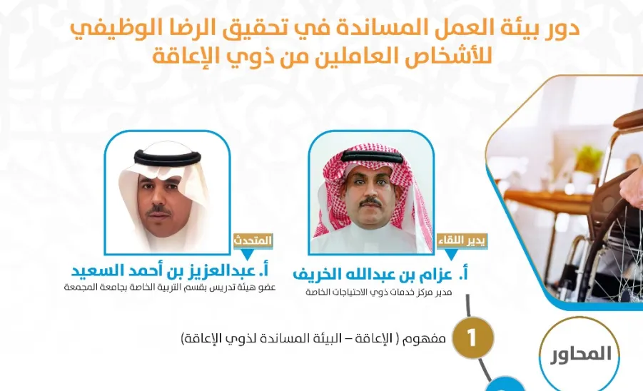 The Social Responsibility Observatory conducts a workshop on the role of supportive workplace in achieving job satisfaction for persons with disabilities  -  مرصد المسؤولية الاجتماعية يقيم ورشة عمل بعنوان: (دور بيئة العمل المساندة في تحقيق الرضا الوظيفي للأشخاص للعاملين من ذوي الإعاقة)