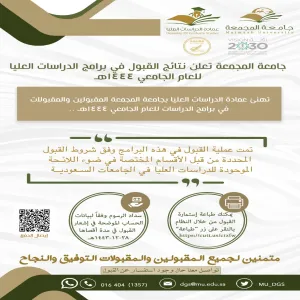 عمادة الدراسات العليا بجامعة المجمعة تعلن عن نتائج المقبولين والمقبولات في برامج الدراسات العليا ( برامج الماجستير ) للعام الجامعي 1444هـ