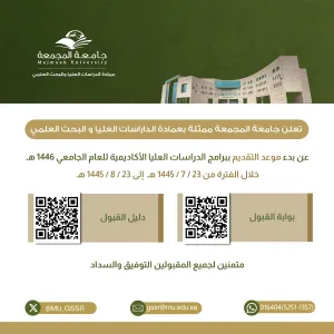 العمادة تعلن عن موعد التقديم على برامج الدراسات العليا بالجامعة للعام الجامعي 1446 هـ