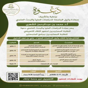 وكيل الجامعة للدراسات العليا والبحث العلمي يرعى اللقاء التعريفي للطلبة المستجدين في مرحلة الماجستير